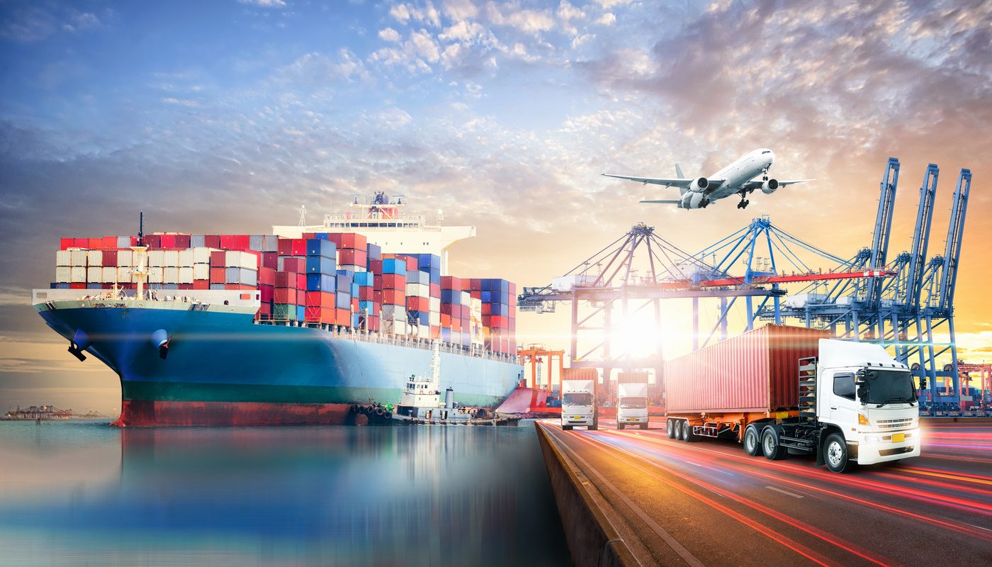 Aerial view of a busy container port